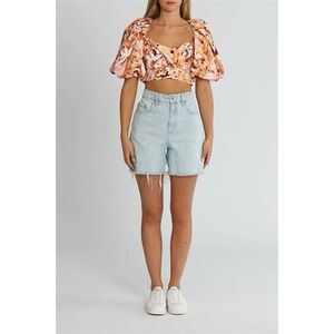 Acler Withington Top Size 2 NWOT Puff Sleeve Abstract Floral Crop‎ Blouse